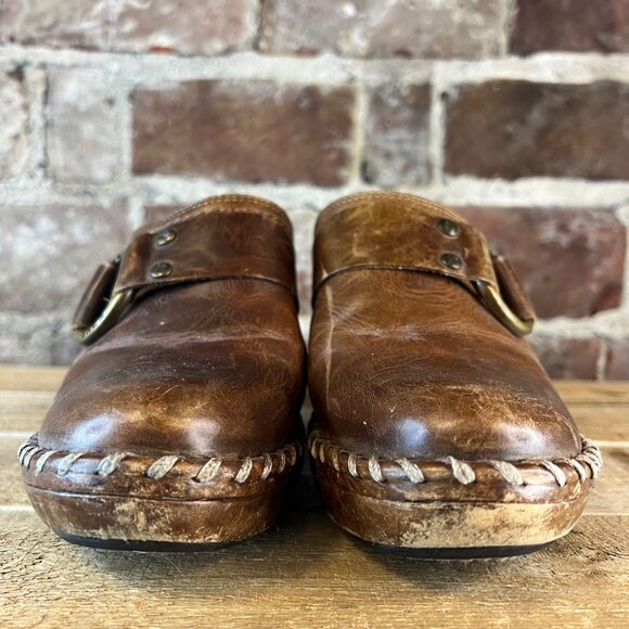 Frye Charlotte Women's Brown Leather Slip on Heeled Mules Clogs Size 8.5 - Picture 4 of 12